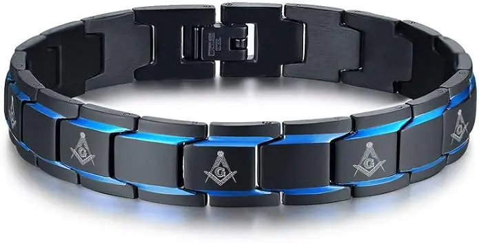 2-Tone Black Blue Stainless Steel Freemasons Masonic Symbol Link Bracelet for… — product photo
