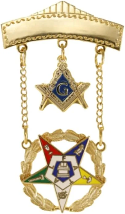 24K Gold Plated 2 inch tall Worthy or Patron Jewel. The Officer Brooch has Masonic… — product photo