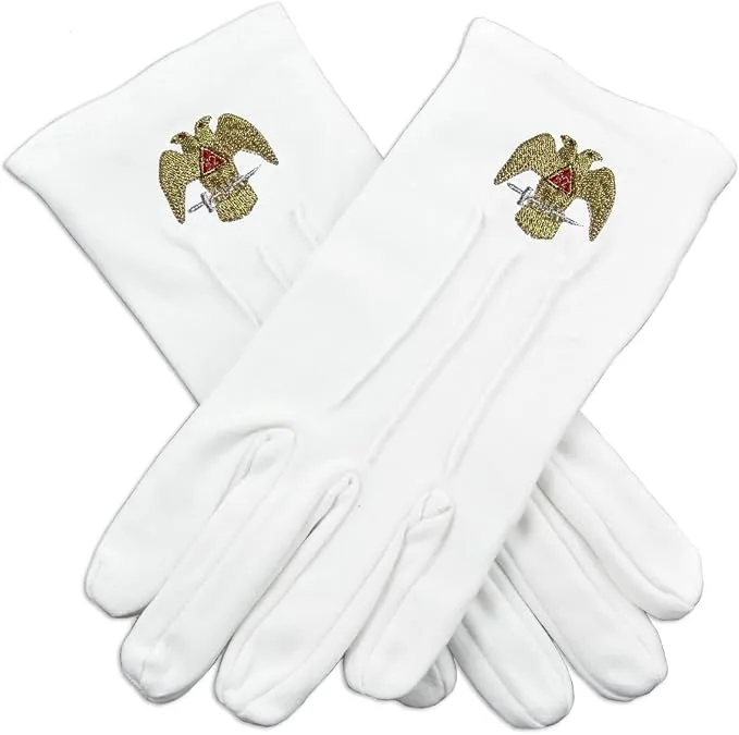 32nd Degree Scottish Rite Masonic Embroidered Cotton Gloves - [White] — product photo