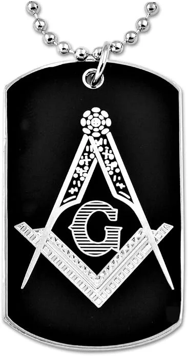 Engraved Square & Compass Dog Tag Masonic Necklace - [Black & Silver][2''… — product photo