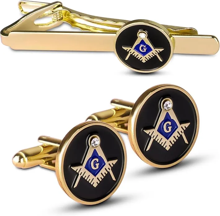 Masonic Craft Mason Square and Compass Black Metal Cuff Links and Tie Clip… — product photo