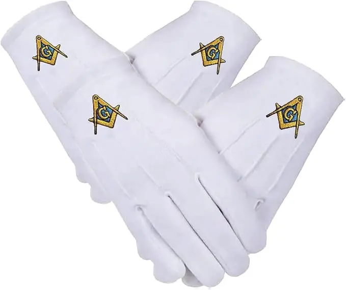 Masonic Gloves Blue Lodge Square & Compass Embroidered White Cotton Gloves — product photo