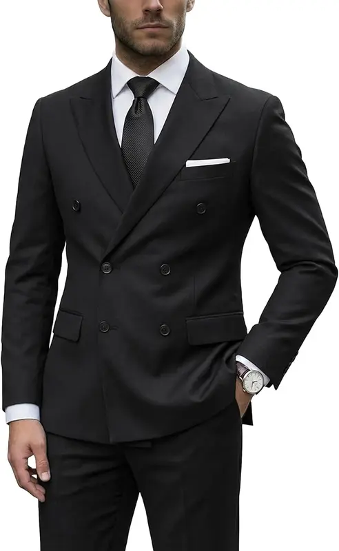 Men's 2 Piece Suit, Double Breasted Slim Fit Jacket Pants Set and Tie — product photo