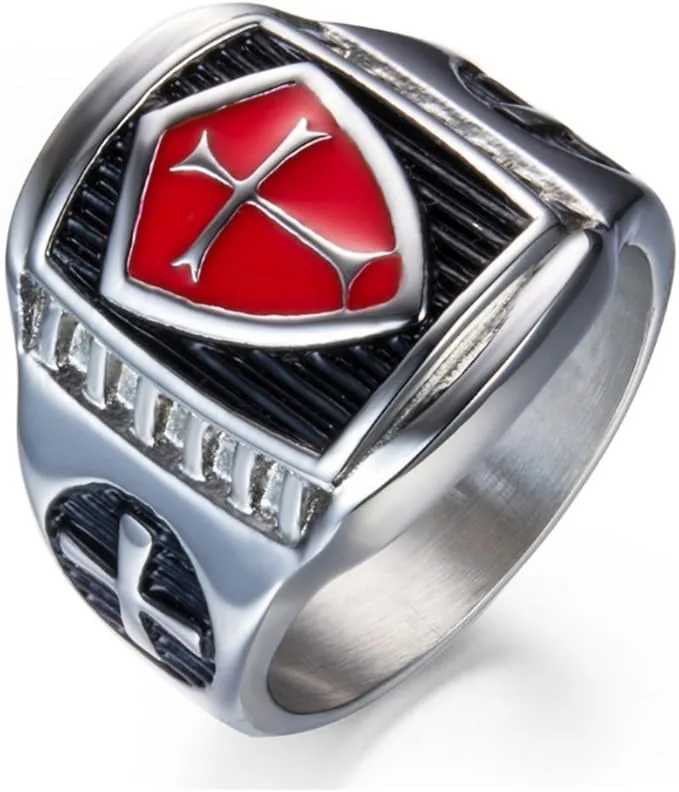Men's Stainless Steel Knight Ring Templar Biker Crusader Cross Masonic Red… — product photo