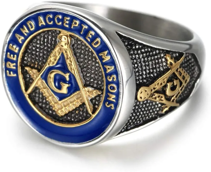 Men's Stainless Steel Masonic Freemason Rings Gold Blue Free and Accepted… — product photo