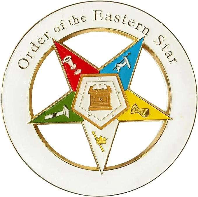 Order of the Eastern Star Round Masonic Auto Emblem - [White & Gold][3''… — product photo