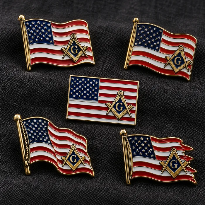 Representative photo of several Masonic American flag lapel pins