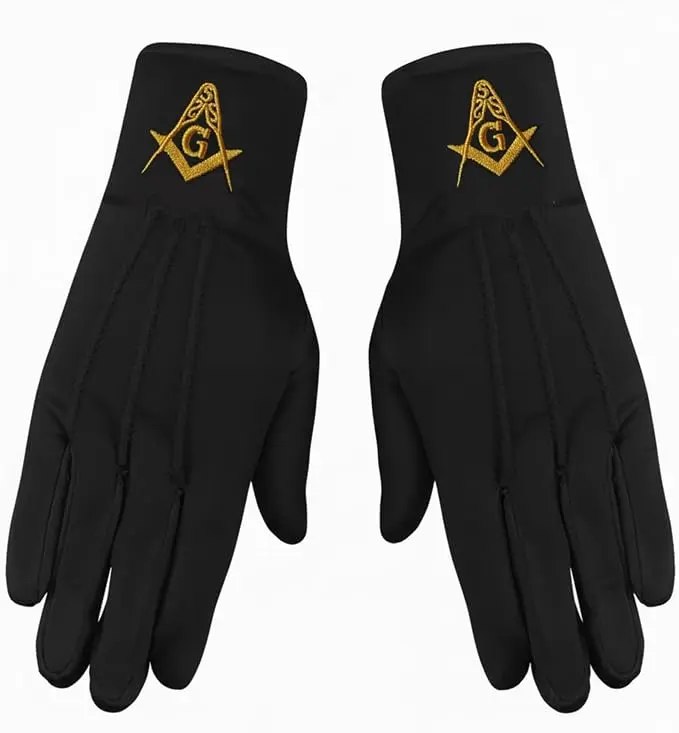 Square & Compass Masonic Embroidered Cotton Gloves - [Black] — product photo