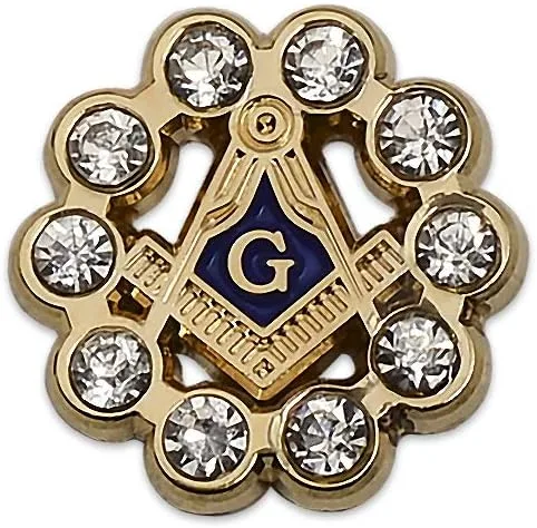 Square & Compass with Rhinestones Round Masonic Lapel Pin - [Gold &… — product photo