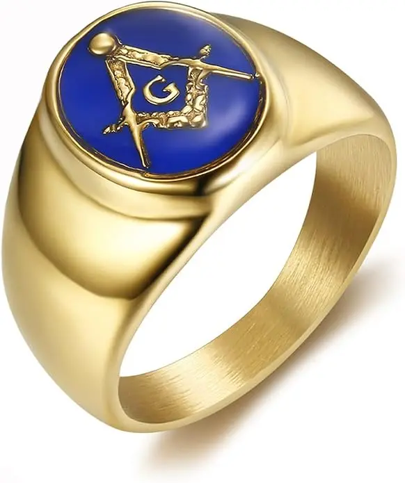 Stainless Steel Gold Plated Freemason Masonic Rings for Men Women Blue G… — product photo