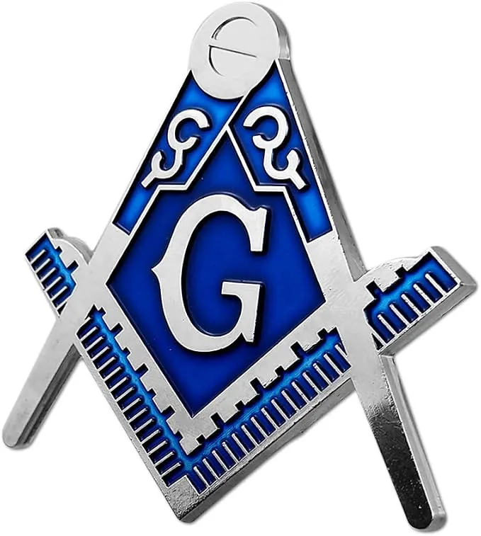 Symbolic Square & Compass Masonic Car Emblem Silver & Blue Auto Decal — product photo